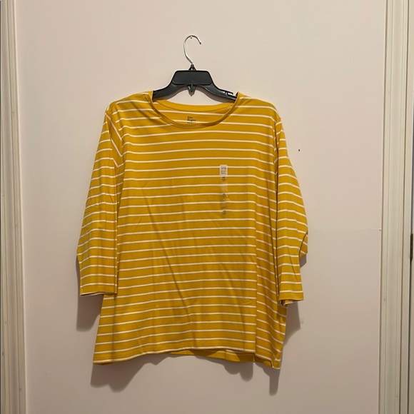 NWT Kim Rogers Yellow Striped 3/4 length sleeve soft knit Tee - Picture 1 of 2